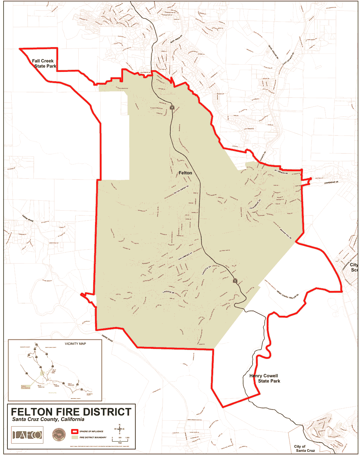 Map of the Felton Fire Protection District service area showing boundary lines and surrounding communities